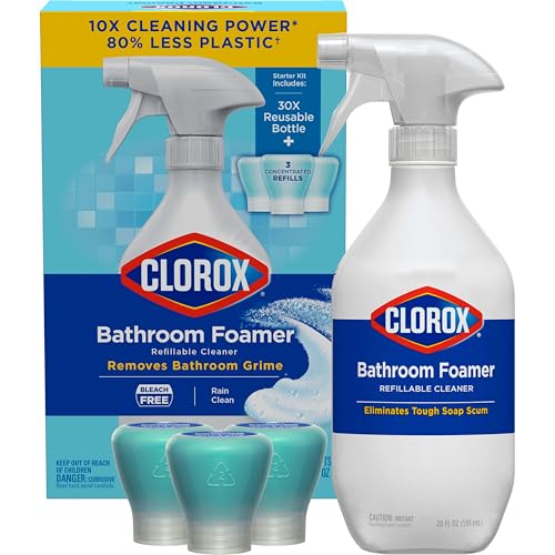 Clorox Bathroom Foamer Refillable Cleaner Household Essentials 1 Bottle and 3 Refill Rain Clean 1.13 Fl Oz