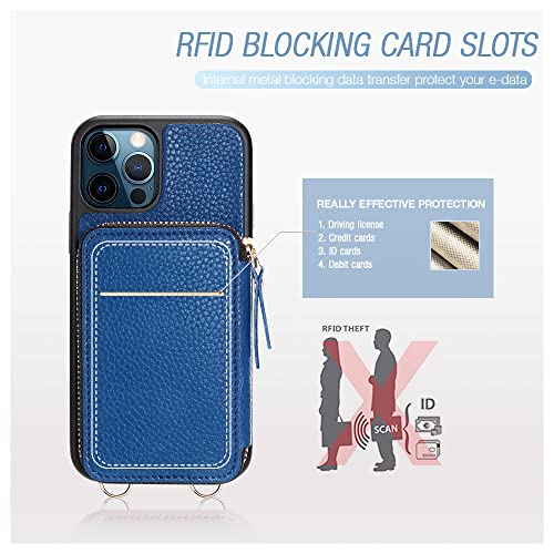 Zve Iphone 12/12 Pro Crossbody Wallet Case With Lipstick Loops, Rfid Zipper Phone Case With Card Holder Wrist Strap For Women, Leather Purse Cover Gift For Iphone 12/12 Pro(6.1 Inch), 5G-Navy Blue #TOP2