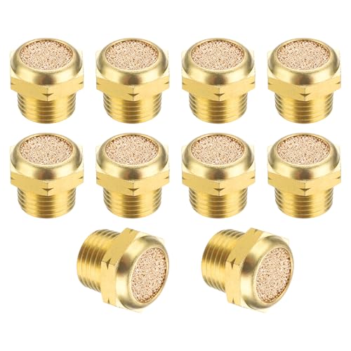 PATIKIL Brass Pneumatic Exhaust Muffler NPT 1/8, 10 Pack Sintered Bronze Air Compressor Muffler Fitting Flat Air Solenoid Valve Muffler for Automation Pneumatic Equipment, Golden