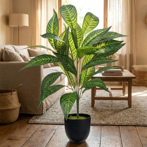 Image of Dekorly Artificial Plant Leaves Tropical Monstera Large Artificial Plants Fake Zebra Leaf Plastic Palm Tree Branch for Home Garden Decor | 26 Leaves (WithPot-Green-D, Height : 76CM)