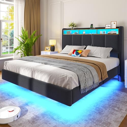 Brinlawb Polsterbett 140x200 cm Schwebebett mit LED-Beleuchtung, Kopfteil und Ladestation(2 AC-Steckdosen, 2 USB-Anschlüsse)… – Ansicht 8