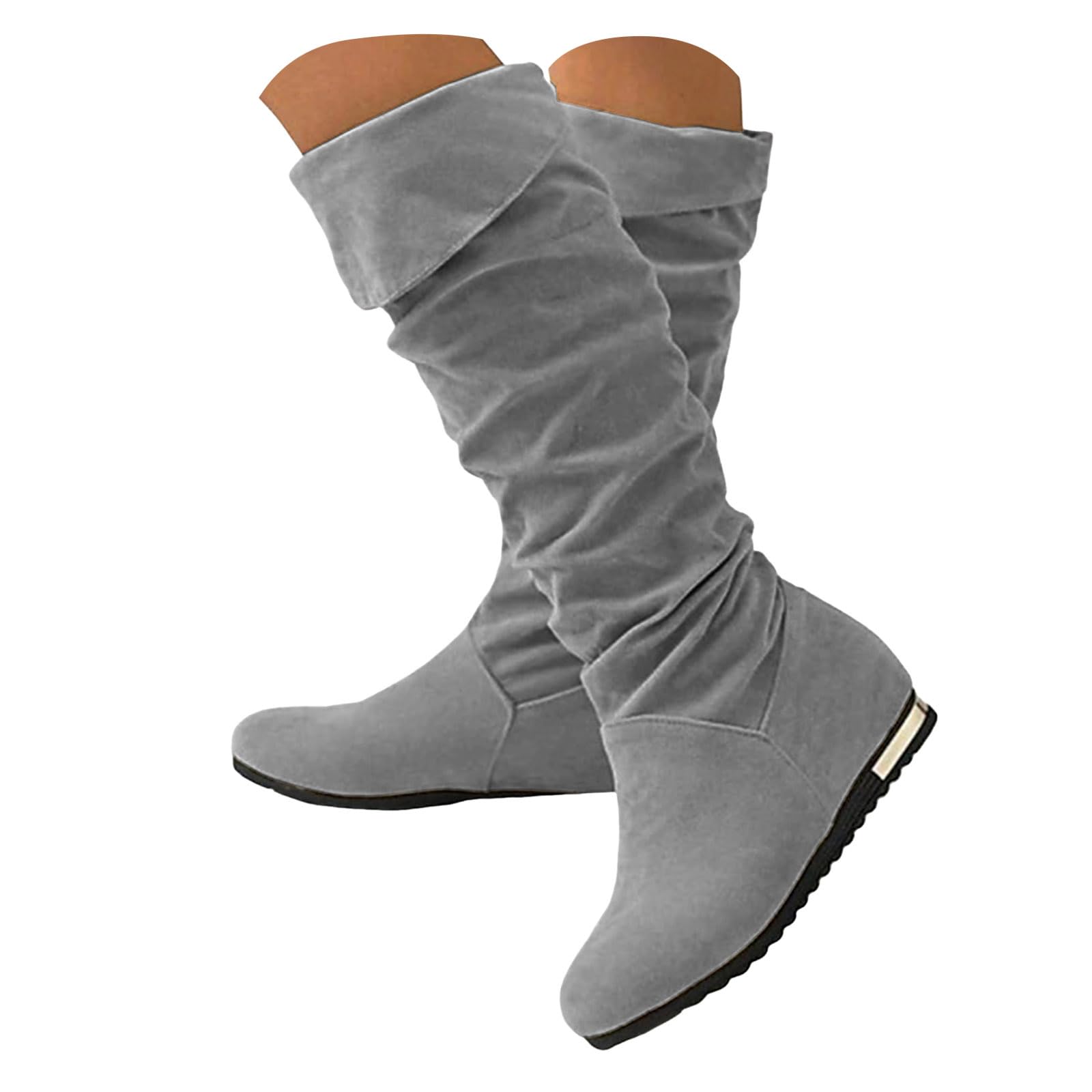 ZSpzx Women Casual Knee High Boots Wide Calf Slouchy Ruched Suede Fold Vintage Low Heel Flat Round Toe