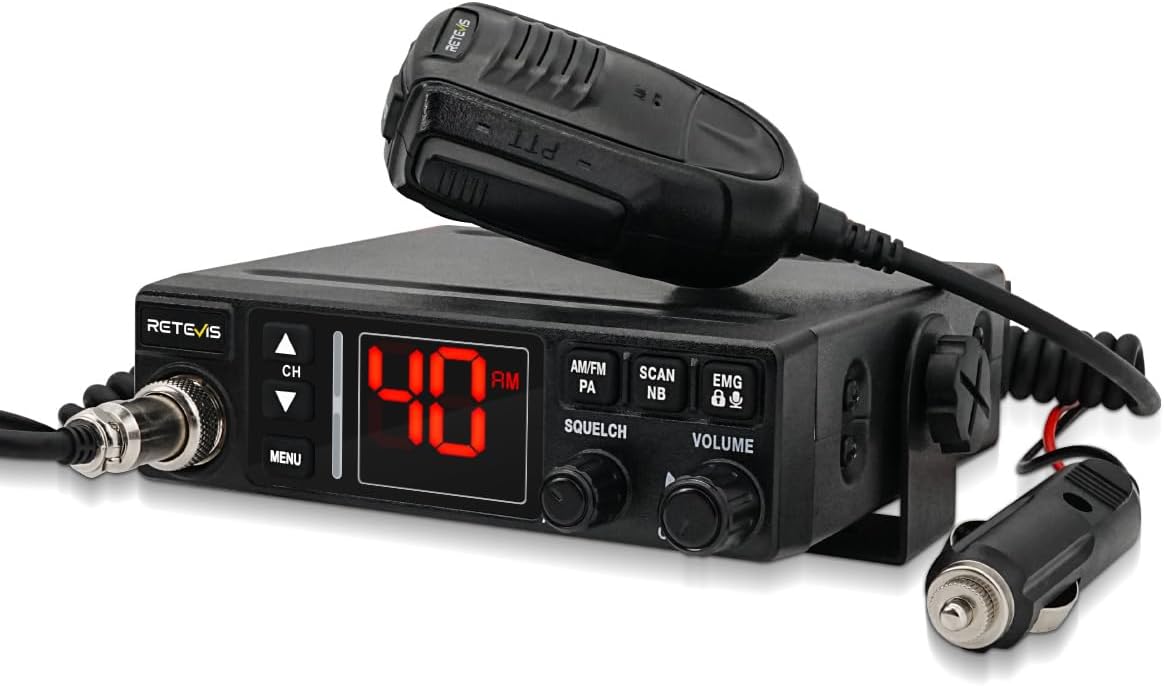 Retevis MB3A 40-Channel AM/FM CB Radio with Cigarette Lighter Plug - 12V & 24V Dual-Voltage for Car and Truck, ANL/NB Noise Reduction, Cooling Set,Hands-Free,PA System,Backlit LCD & Full Mounting Kit