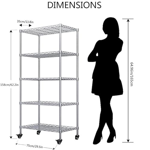 Suoernuo 5-Shelf Shelving Storage Unit On Wheel Casters Metal Organizer Wire Rack For Home Office Kitchen Bathroom Organization 30Lx14Wx62.5H (5-Shelf Silver) #TOP2