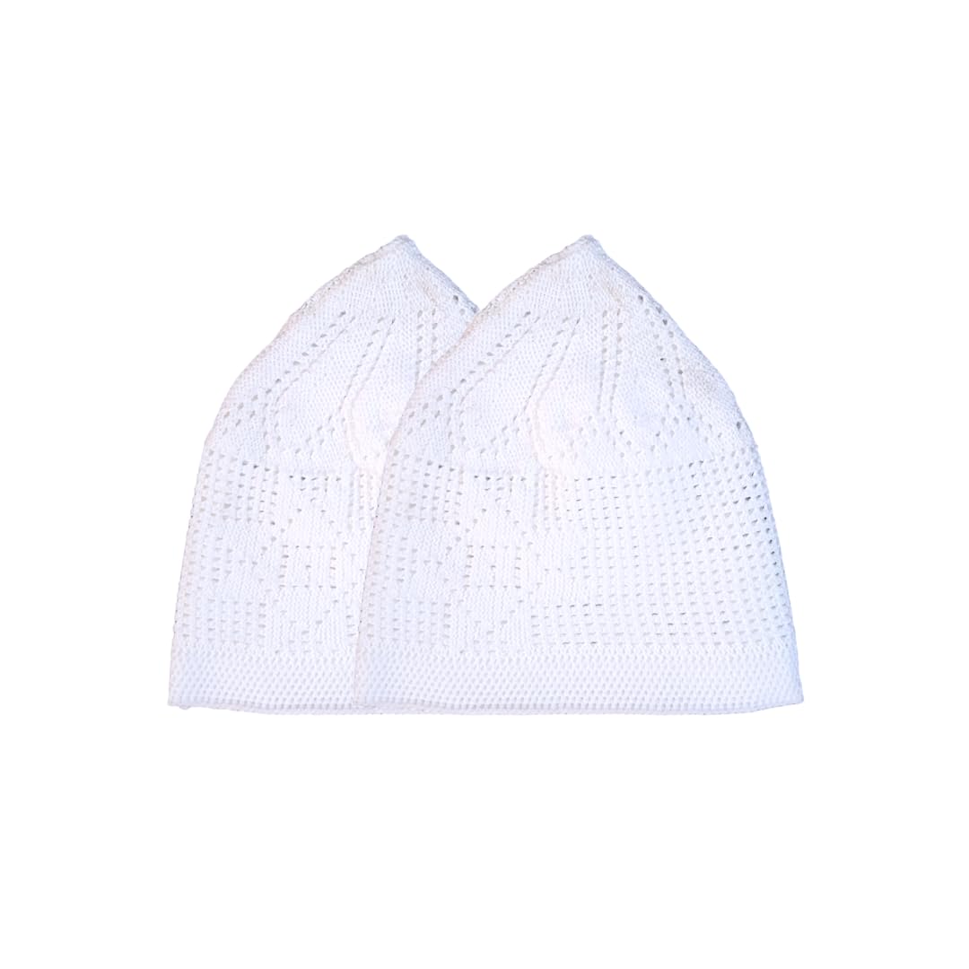 ICH Knitted Handmade Pure Cotton Islamic Cap Namazi Topi Muslim Prayer Cap (Model no. C02) White (Free Size) (Pack of 2)-image-1