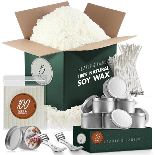 Hearth & Harbor Natural Soy Wax and DIY Candle Making Supplies – 5 Lbs. Soy Candle Wax Flakes, Candle Tin Cans with Lid 24 Pack – 4 oz., 100 Cotton Wicks, and 2 Metal Centering Device