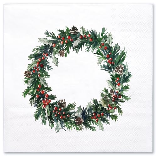 WRAPAHOLIC 50Pcs Berry Wreath Christmas Paper Napkins - 3-Ply Disposable Cocktail Napkin for Christmas Party Supplies Tableware, Xmas Holiday Party Decorative Towels - 5 x 5 In