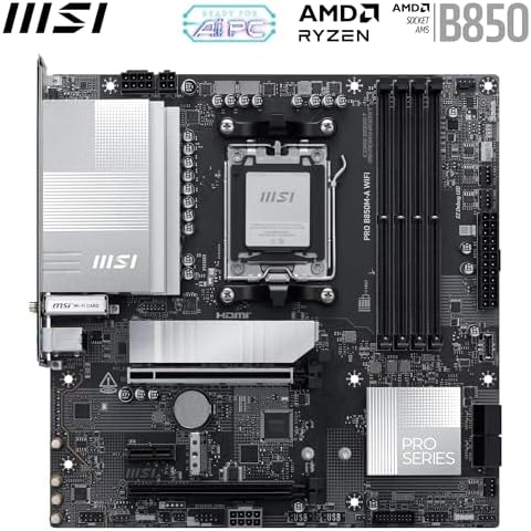 MSI PRO B850M-A WiFi Motherboard, mATX - Supports AMD Ryzen 9000/8000 / 7000 Processors, AM5 - DDR5 Memory Boost (8200+ MT/s OC), PCIe 5.0 x16 & 4.0 x4, M.2 Gen5, Wi-Fi 7, 5G LAN