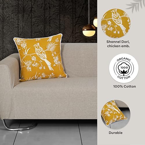 Image of ODE & CLEO Cotton Slub Cushion Covers 18 inch X 18 inch with Zip Closure, Shaneel Dori & Chicken Embroidery, Pillow Cover for Sofa, Living Room, Bed or Home Decor - Yellow, Set of 3