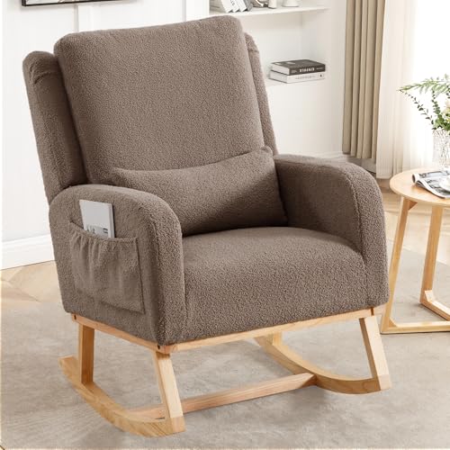Image of HCHAIRH Rocking Chair Nursery,Sherpa Nursing Rocking Chairs, Upholstered Nursery Glider Rocker Wingback Morden Rocking Chair with Lumbar Pillow for Mom Nursery, Living Room, Bedroom, Teddy Coffee
