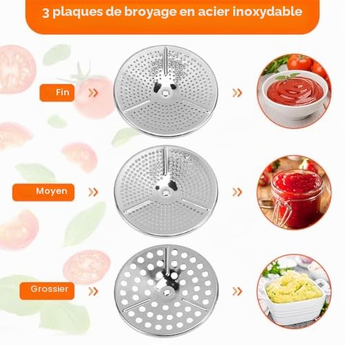 Moulin à pommes de terre manuel en acier inoxydable Écrase, égoutte et râpe fruits et légumes 3 disques, facile à utiliser