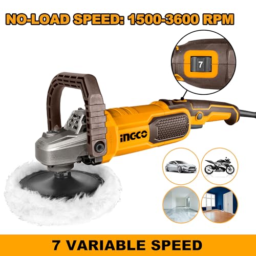 Image of INGCO 1400W Corded Electric Polisher 180mm, 7 Variable Speed, 1500-3600RPM, Comfortable Handle for Car Detailing Polish Buffing Sanding DIY