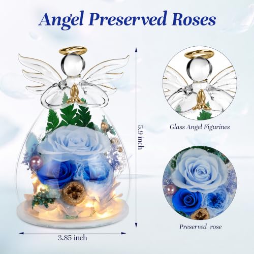 Image of encavy Birthday Gifts for Women,Fresh Flowers for Delivery,Preserved Rose Flowers in Angel Figurines,Light Up Blue Angel Real Rainbow Roses for Mom Grandma Wife Her Girlfriend Anniversary
