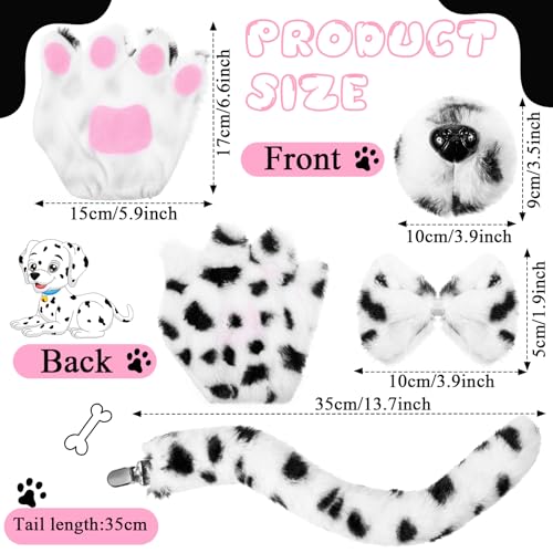 5 Stücke Halloween Tier Welpen Hund Kostüm Set Enthalten Welpen Ohren Stirnband Fliege Gefälscht Nase Schwanz Hundepfote Handschuhe Tier Kostüm Zubehör für Cosplay Party (Schwarz Weiß, Niedlicher)