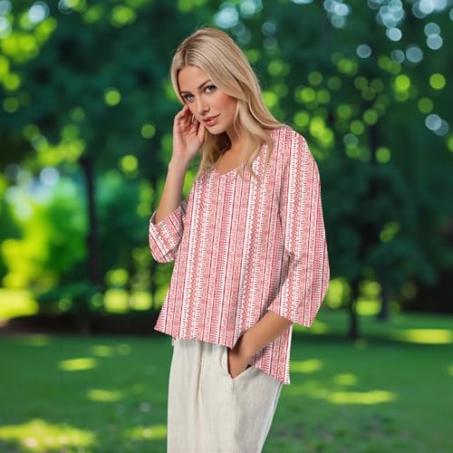 Summer Tops for Women V Neck 3/4 Length Sleeve Tops Cute Fall Linen Floral Print Shirts Western 3/4 Sleeve Blouses4