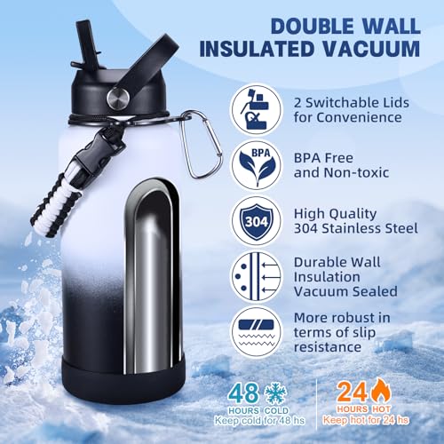 Image of Insulated Water Bottle, 32 oz Stainless Steel Wide Mouth Water Bottles with 2 Leak Proof Lid and Paracord Handle, Double Wall Vacuum Insulated Sports Water Bottle, White Black