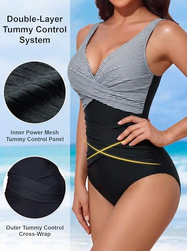 Image of Smismivo Tummy Control Swimsuits for Women Slimming One Piece Bathing Suit Retro Ruched Push Up Vintage Padded Swimwear