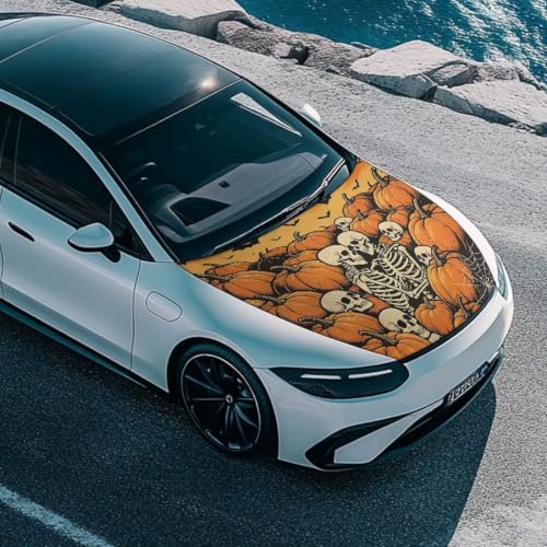 Image of Skeleton Pumpkin Print Car Hood Cover Easy to Install Fabric Hood Cover Halloween Vehicles Decorate Engine Removable Automotive Accessories Personalized Suitable for Cars(59x39 Inch)