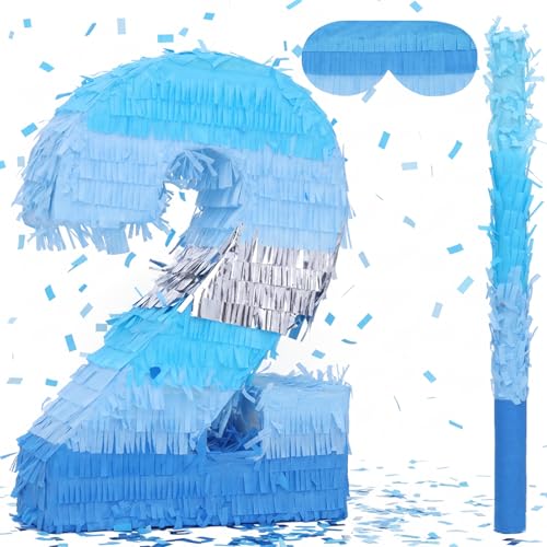 Birchio Piñata-Set mit der Zahl 2 mit Augenbinde und Schläger (41 x 29 x 10 cm) perfekt für Geburtstagspartys Bausteine Geburtstag Dekoration