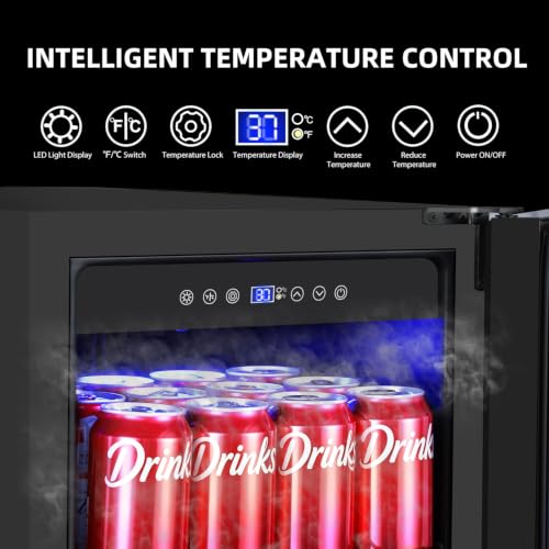 Image of ORYMUS 15 Inch Beverage Refrigerator, 130 Cans Drink Fridge with Glass Door & Lock, Under Counter or Freestanding Beverage Cooler for Soda, Beer & Water, Upgraded Quiet Compressor, Memory Temp, Black