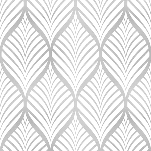 JOLIHOME Geometrische Muster Moderne Minimalistische Tapete Silberne und Weiße Wasserdichte Selbstklebende Vinyltapete für das Badezimmer Wohnzimmer Schlafzimmer Küche Aufkleber 44,5x500cm