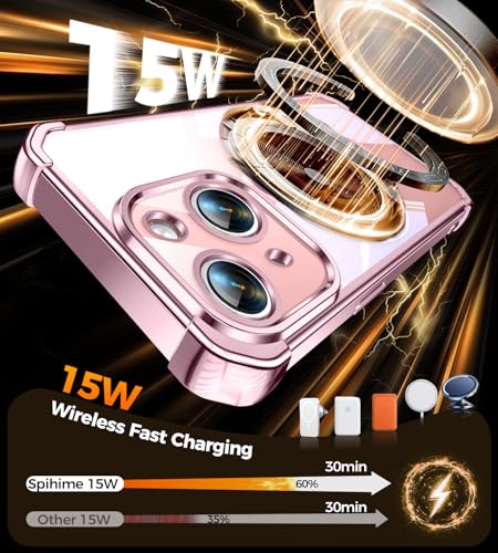 Image of Soft Case for iPhone 15 with 360 Rotating Magnetic Stand, Compatible with Mag-Safe, 4X MIL-Drop Protection, Lightweight Glossy Anti-Yellowing Clear Back Phone Cover for iPhone 15 6.1 inch, Pink
