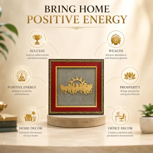 Image of HindCraft 7 Horses Vastu Frame on Raw Pyrite Stone - Decorative Photo Frame for Wall & Table | Vastu Decor, Housewarming Gift, Office Desk Showpiece | 7x7 Inch