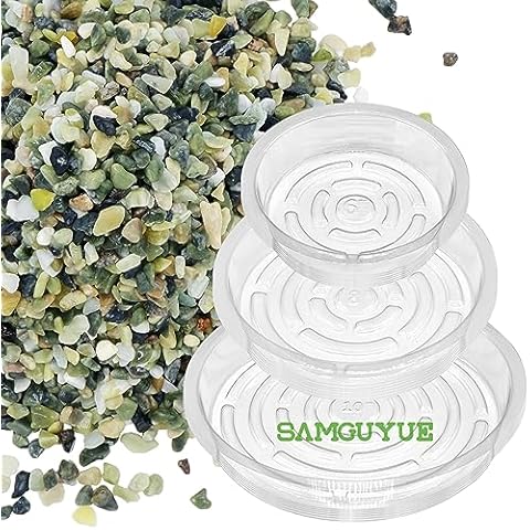 SAMGUYUE 18 Pack of 6, 8, 10 Inches Clear Plant Saucers, Flower Pot Tray, Plant Pot Saucer, 1.8 Pounds Natural Aquarium Gravel, 0.2-0.8 Inch Jade Bean Pebbles for Plants, Polished Stones for Cover