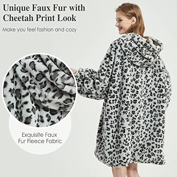 Filthuvtröja, överdimensionerad bärbar filt, en storlek passar alla, mjuk varm filt med huva, bekväm fuskpäls-filt sweatshirt för vuxna, grå leopardtryck med stor ficka