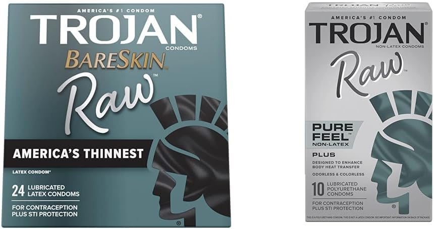 BareSkin Raw Thin Condoms 24 Count with Trojan Raw Non-Latex Lubricated Pure Feel Condoms 10ct