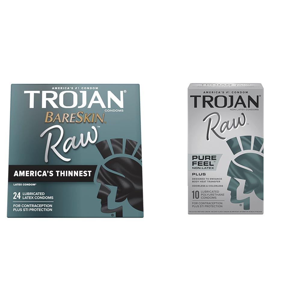 TROJAN BareSkin Raw Thin Condoms 24 Count with Trojan Raw Non-Latex Lubricated Pure Feel Condoms 10ct