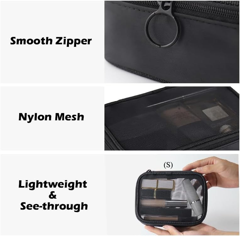 Miniatura 3 de Bolsa de maquillaje, bolsa de aseo ligera para viajes, bolsa de maquillaje compacta con cremallera, color negro, Malla Negra