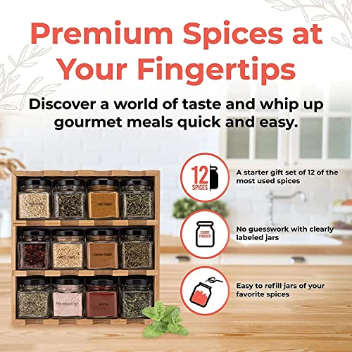 Yearonan Bamboo Spice Rack with 12 Seasoning Jars, No Installation Required, Environmentally Friendly, 12 Bottles of Seasoning Included