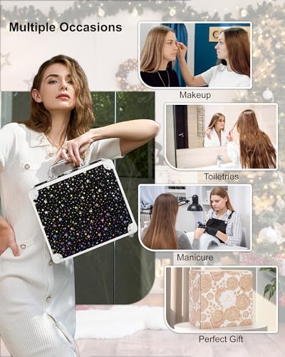 Image of Relavel Makeup Bag with LED Mirror, Makeup Box Travel Train Case with Rechargeable Lighted Mirror, Cosmetic Brush Organizer Storage for Makeup Artists Gifts for Women and Girls (Black Star, Small)