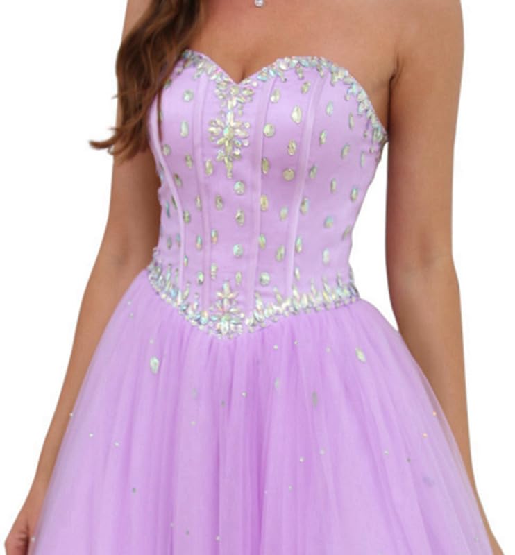 Image of Likedpage Women's Strapless Tea Length Prom Dress, Tulle Ball Gown with Crystal Beading, Corset Back