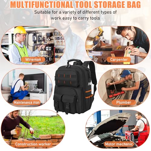 Image of Tool Backpack for Men with Removable Tool Organizer | Heavy Duty Tool Bag, Durable Water-Resistant Work Backpack for Electrician, Plumber, HVAC, Cable Repairman, Black & Orange