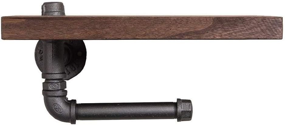 Wall-Mounted Industrial Pipe Toilet Paper Holder with Vintage Wood Shelf,30x15cm