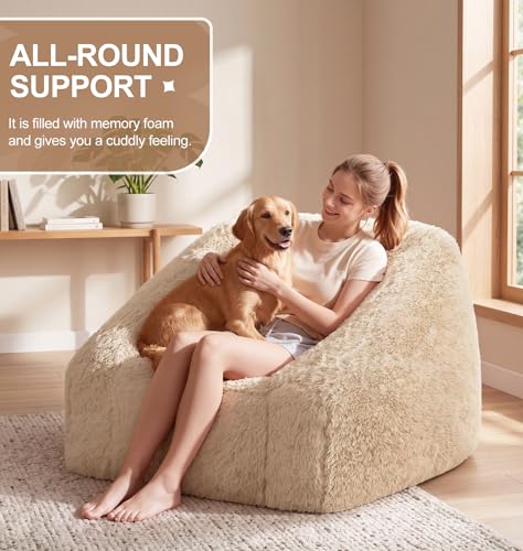 Image of Hobestluk Bean Bag Chair Plush Accent Chair Armrest Living Room Adult Beige