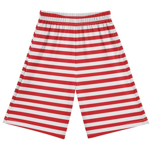 Red with White Stripes Pattern Pajama Shorts Summer Lounge Pajama Bottoms Elastic Waist Pjs Pants for 6-14 Years