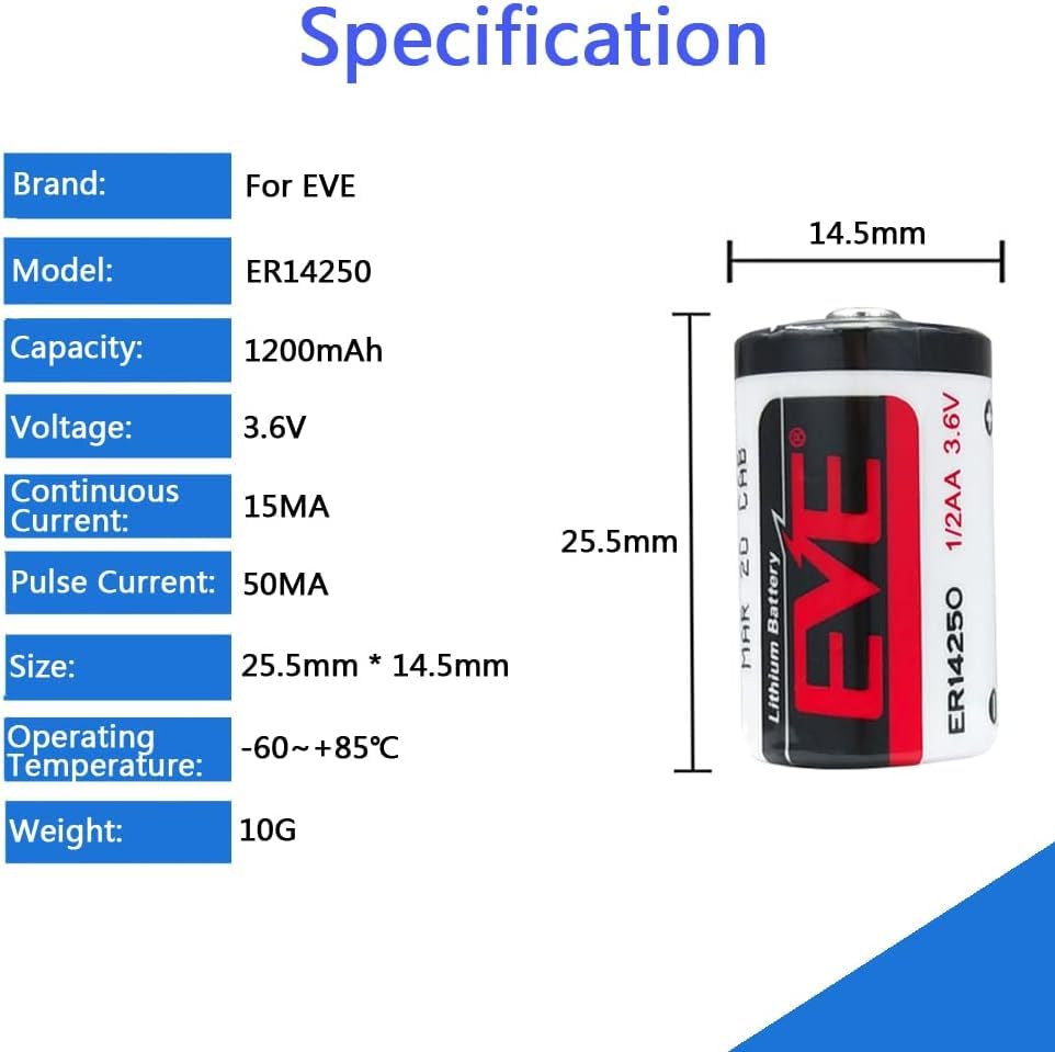 Image of 5 Packs EVE ER14250 1 /2AA 3.6V Battery 1200mAh LS14250 14250 Battery Non-Rechargeable