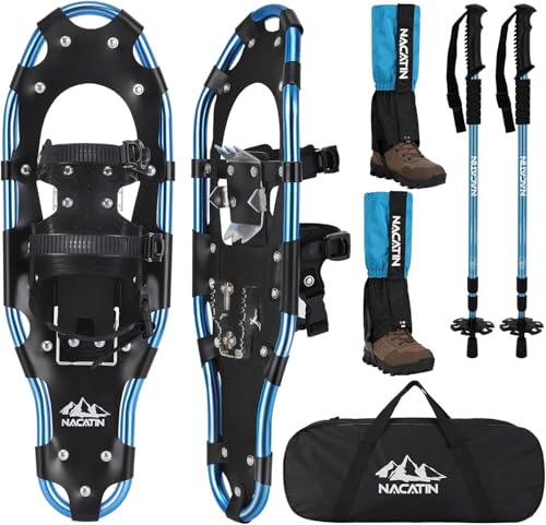 NACATIN Kit de raquetas de nieve 4 en 1 para hombres, mujeres y jóvenes, raquetas ligeras de aluminio con bastones de senderismo ajustables, polainas impermeables y bolsa de transporte (azul, 63 cm)