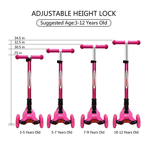 ChromeWheels Foldable Scooters for Kids, Deluxe Kick Scooter 4 Adjustable Height 132lbs Weight Limit 3 Wheel, Lean to Steer LED Light Up Wheels, Best Gifts for Girls Boys Age 3-12 Year Old, Pink - Thumbnail 2