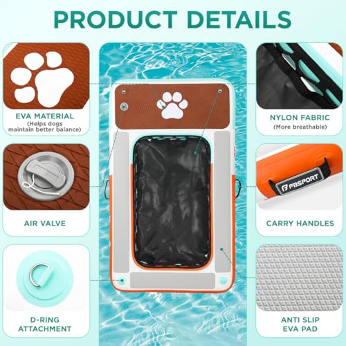 FBSPORT Hunde wasserspielzeug,Pool Rampe für Hunde,Pool Dock Hund,Hundeschwimmplattform, Aufblasbare Hundeschwimminsel für Pool, Seen, Boote und Meer, rutschfeste Eva-Schwimmdock
