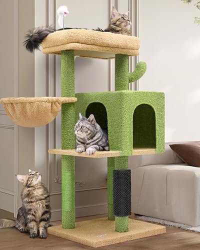 Globlazer Cactus Cat Tree Tower for Indoor Cats| 46-Inch Sturdy Cat Condo for Multiple Adult Cats with Large Multiple Platforms, Hammock, and Anti-Tip Kit | Premium Quality Materials, F46B, Green