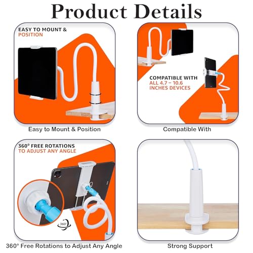 Image of MOMISY Mobile Phone Holder, 360 Adjustable Gooseneck Clamp Mount, Universal Phone Stand for Desk, Office, Home (Nut White, 85 cm)