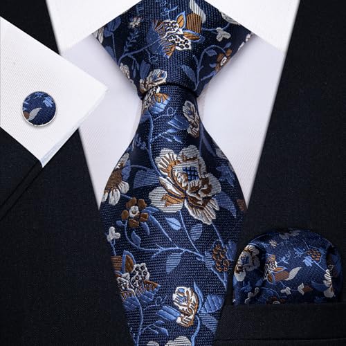 Image of YourTies Silk Paisley Floral Tie and Pocket Square Cufflinks with Lapel Pin Sets for Men 5PC Wedding Party