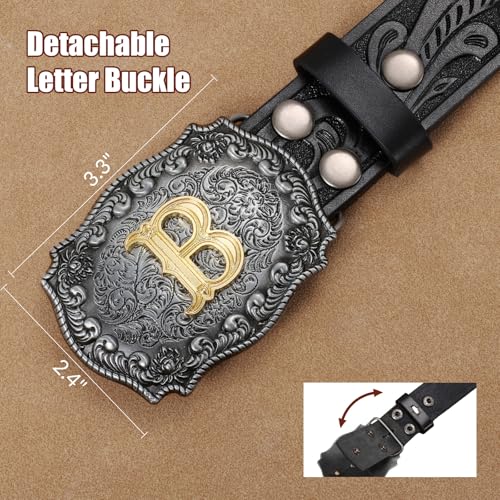 Western Cowboy Leather Belt Men Women, Gold Initial Letters ABCJMZ Buckle Embossed Belt for Jeans