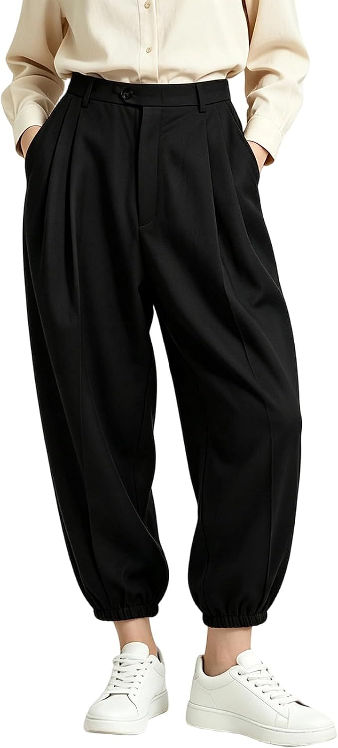 Women Balloon Pants High Waist Pleated Harem Trousers with Cuffs