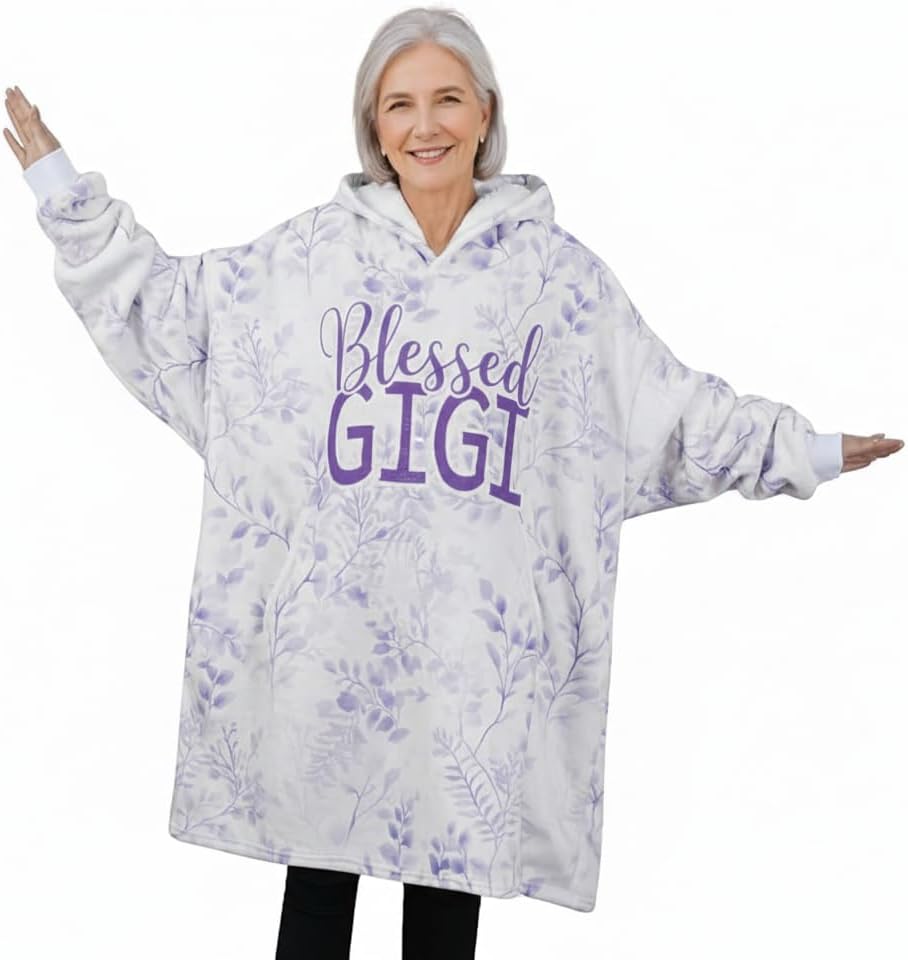 Gigi Gifts for Grandma, Blessed Purple Flower Blanket Hoodie for Her on Mother's Day, Christmas, One Size