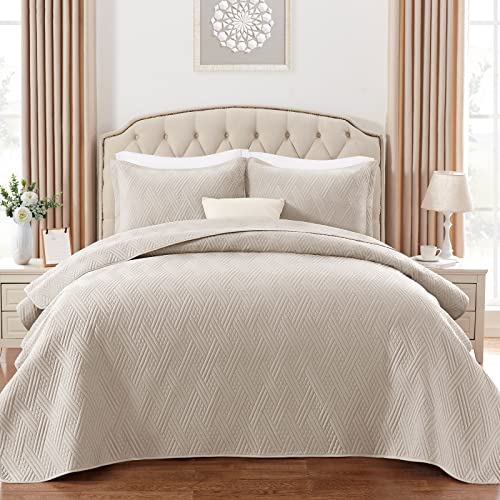 Bysure 3 Piece Quilt Sets Queen/Full Size (Beige,90"X96"), Lightweight Ultrasonic Microfiber Bedspread, Diamond Braided Pattern All Season Coverlet With 2 Pillow Shams #TOP8